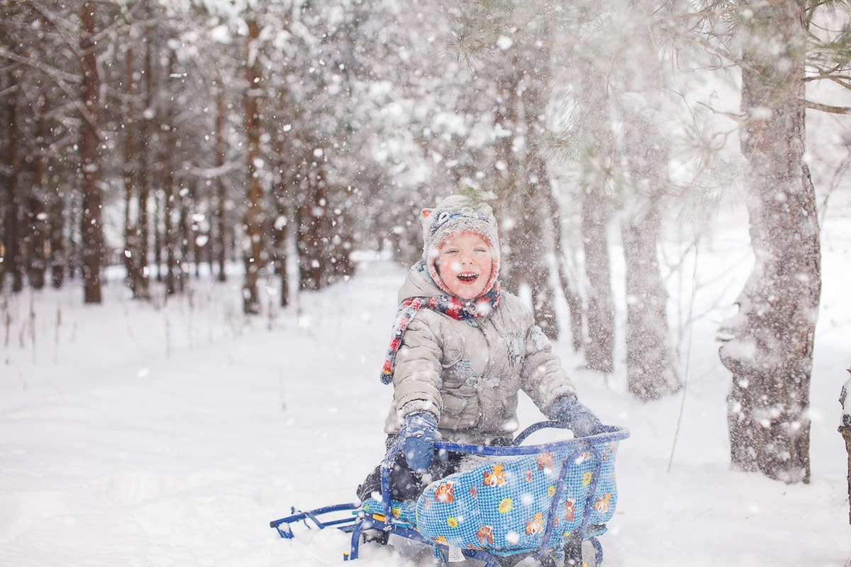Семейная фотосессия - фото мальчика на санках в снегу